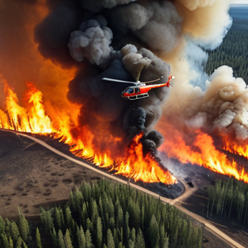 Home 4 **Siberian Forest Fire Response:** "Aerial view of a wildfire in Siberia, showing firefighters battling the blaze with helicopters and ground crews. Focus on the vast scale of the fire and the coordinated response."