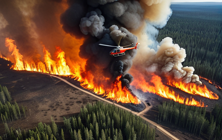 **Siberian Forest Fire Response:** "Aerial view of a wildfire in Siberia, showing firefighters battling the blaze with helicopters and ground crews. Focus on the vast scale of the fire and the coordinated response."