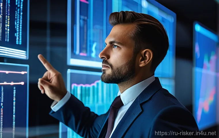 위험관리기술자의 주요 업무 프로세스 - **Prompt:** A focused male risk manager in his late 30s, dressed in a sharp business suit, intensely...