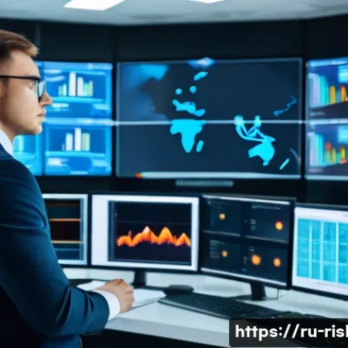 Home 32 위험관리기술자와 관련된 주요 법규와 규제 - A professional risk manager in a modern Russian industrial control room, surrounded by multiple larg...