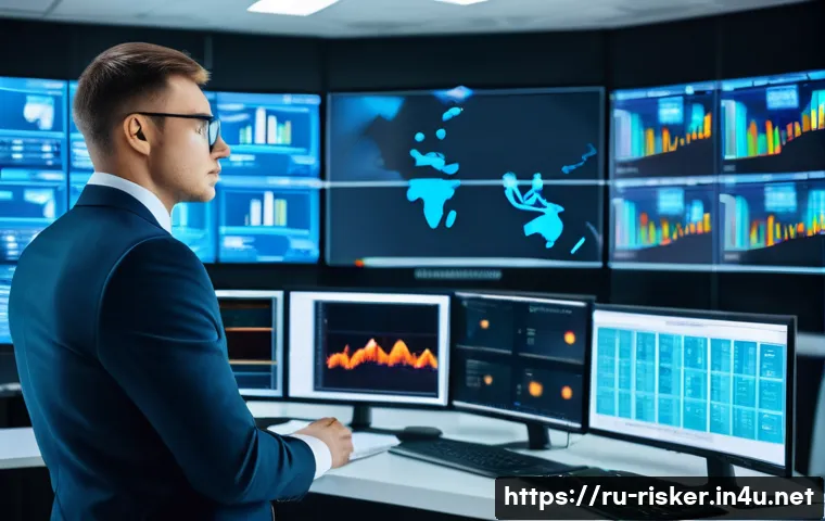 위험관리기술자와 관련된 주요 법규와 규제 - A professional risk manager in a modern Russian industrial control room, surrounded by multiple larg...