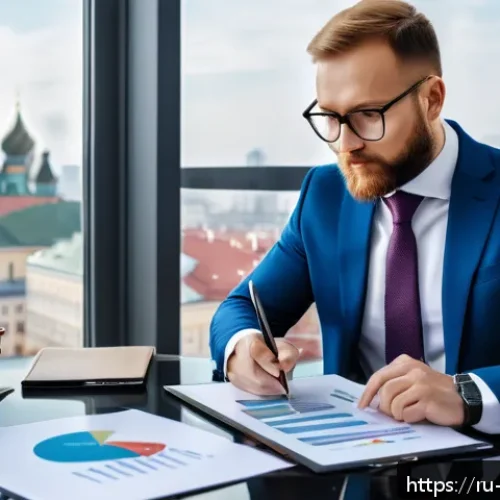 Home 30 위험관리 관련 자격증의 취업시장 가치 - A professional Russian risk manager in a modern office setting, reviewing international and domestic...