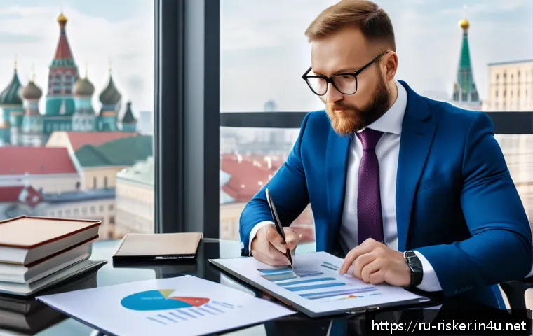 위험관리 관련 자격증의 취업시장 가치 - A professional Russian risk manager in a modern office setting, reviewing international and domestic...