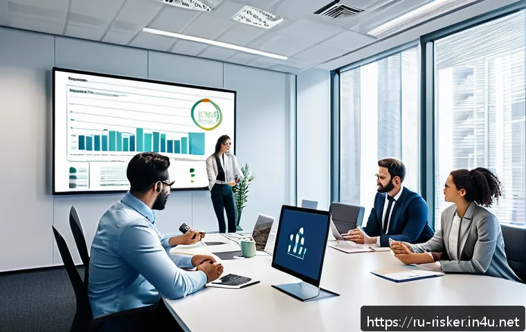 위험관리와 프로젝트 관리의 연계성 - A modern office scene showing a diverse project management team around a large table filled with dig...